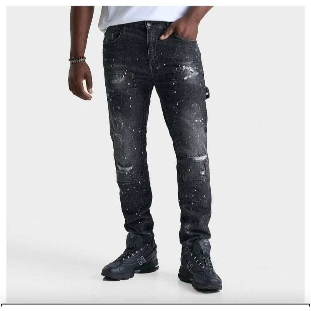 FWRD Denim Black Distressed Paint-Splatter Skinny Jeans 34x32 Mens Cotton Blend